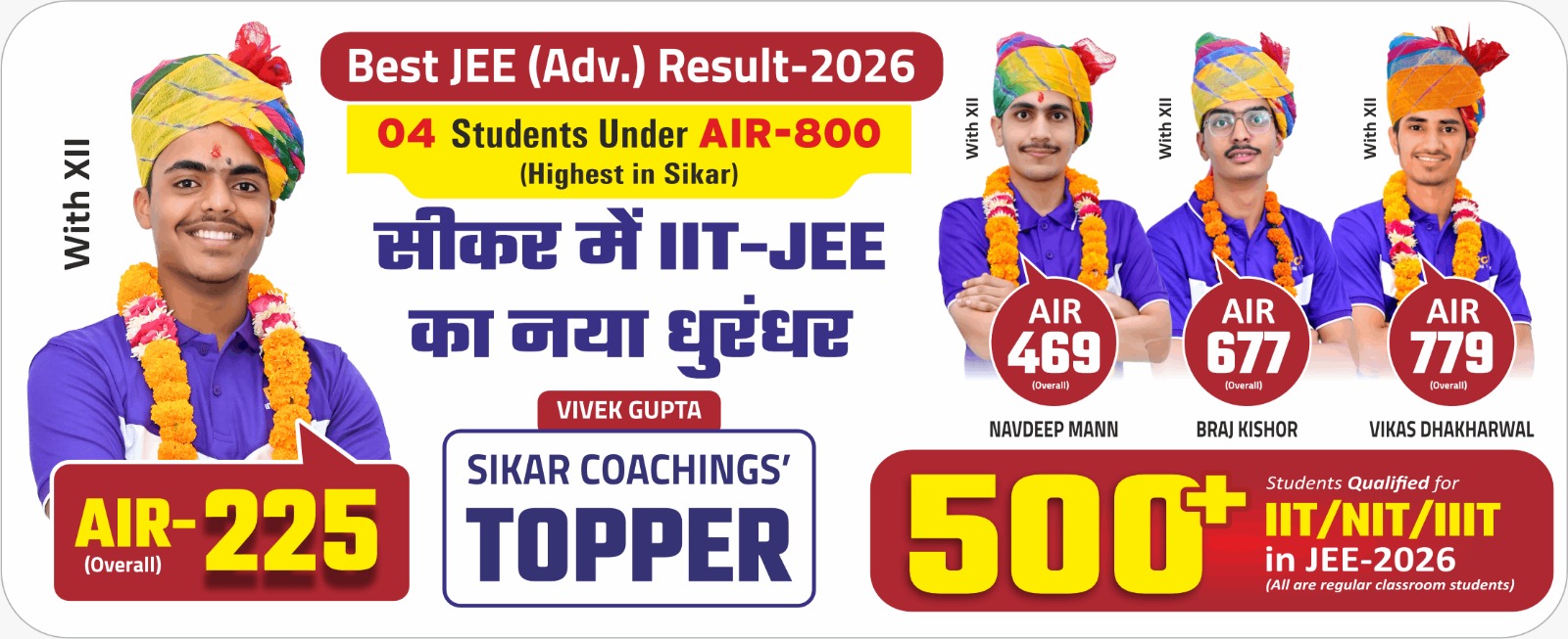 PCP Prince Sikar JEE 2026 result poster with top AIR ranks and best JEE coaching result in Sikar